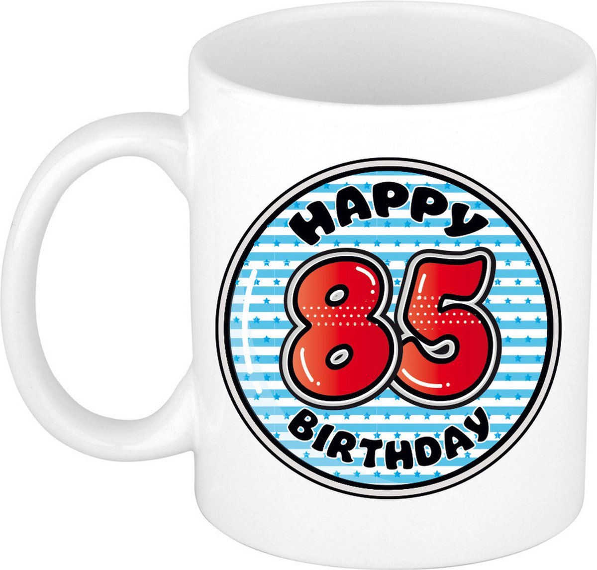 Bellatio Decorations Verjaardag cadeau mok - 85 jaar - blauw - gestreept - 300 ml - keramiek