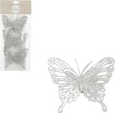 House of Seasons decoratie vlinders op clip - 3x stuks - zilver - 10 cm