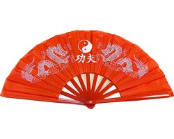 Handwaaier Tai Chi waaier Kong Fu Yin Yang twee draken rood ca. 65 x 35cm Chinees