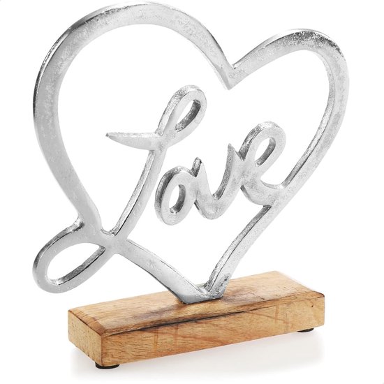 Premium decoratieve hartenstandaard - metalen hart met letters op mangohouten basis - decoratief metalen hart om neer te zetten en als cadeau te geven (01 stuks - Love 20cm)