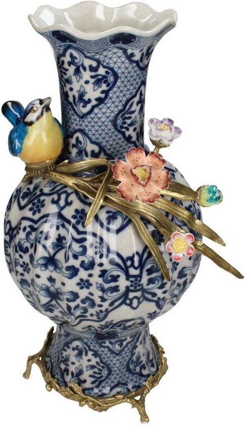 Cilindervaas Bosvogels - Keramiek - 31 cm - Heinen Delfts Blauw