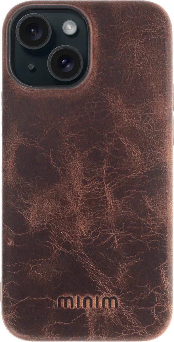 Minim Hoesje Echt Leer Geschikt voor Apple iPhone 15 - Lederen Back Cover - Bruin