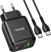 Hoco Oplader voor Apple iPhone 15 - Type C Kabel naar Type C (1 Meter) & Dual Stekker (N28) - Snel Lader USB C to USB C 20W & QC3.0 - Zwart