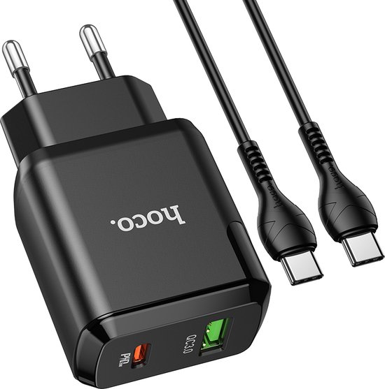 Hoco Oplader Geschikt voor Apple iPhone 15 - Type C Kabel naar Type C (1 Meter) & Dual Stekker (N28) - Snel Lader USB C to USB C 20W & QC3.0 - Zwart