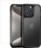 Geschikt voor iPhone 15 Pro Carbon Hoesje + Screenprotector – Gehard Glas Cover - Carbon Shock Proof Cover Case