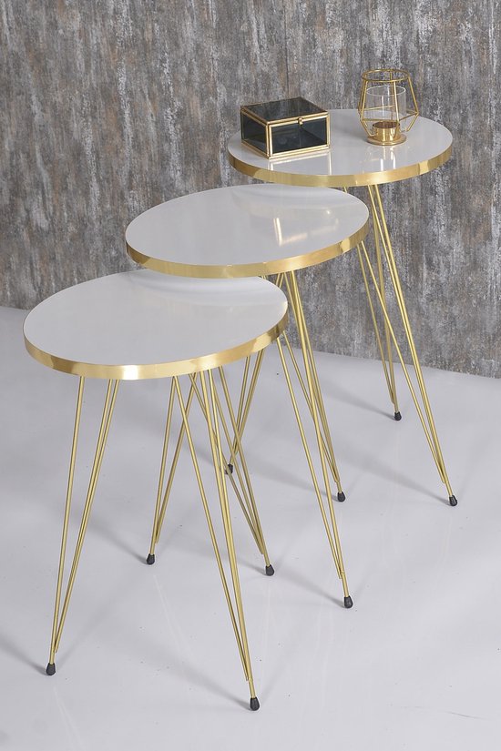 Bijzettafel - Gouden Wit Patroon - Bijzettafels - Salontafelset - Set van 3 - Luxe Design - Bijzettafel - Salontafel in de woonkamer - 34X34 cm