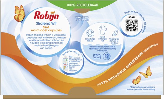 Capsules de lessive Robijn Radiant White 3 en 1 - 4 x 15 lavages - Pack économique
