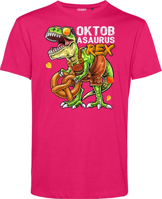 T-shirt Oktobasaurus | Oktoberfest dames heren | Lederhosen man | Foute party | Fuchsia | maat M