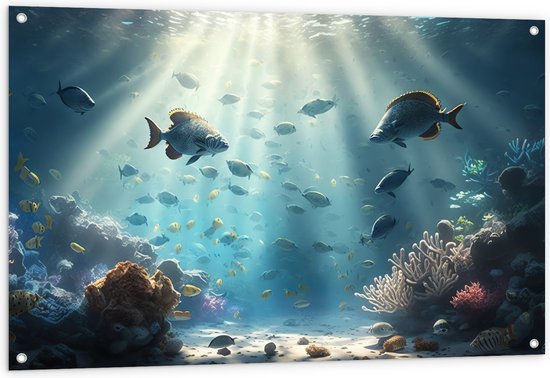 Tuinposter – Groep Tropische Vissen in de Heldere Zee - 120x80 cm Foto op Tuinposter (wanddecoratie voor buiten en binnen)
