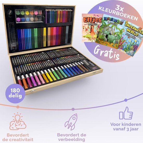 NeedyNeeds® - Tekenkoffer voor kinderen - 180 Delig - Tekendoos - 3 Gratis Kleurboeken - Kleurkoffer - Tekenset - Tekenen
