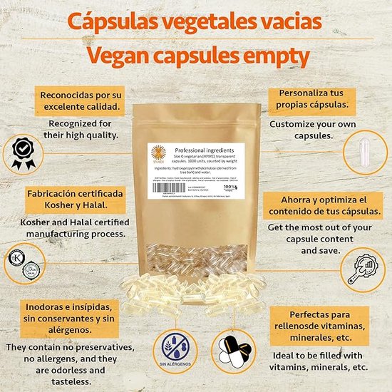 Lege Veganistische Capsules - Maat ''0'' - 1000 stuks. Lege capsules verpakt in 100% biologisch afbreekbare zakken - Snadi