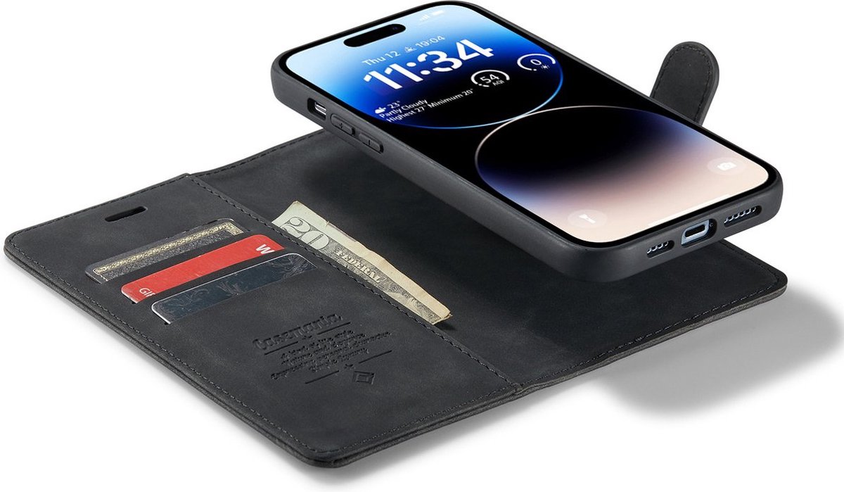 iPhone 15 Bookcase hoesje - CaseMe - Effen Zwart - Kunstleer