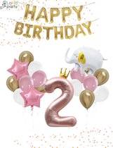 Loha-party®Folie ballon cijfer 2-De 2e verjaardag ballonnen set-slinger-De tweede verjaardag-Olifant-Goud kroon-Pink cijfer-2-XXL cijfer-Meisje-Roze ster-Verjaardag decoratie-Versiering ballonnen-Folie cijfer 2 balloon-Cijfer balloon met kroon