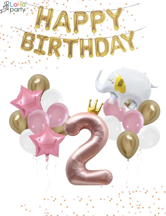 Loha-party®Folie ballon cijfer 2-De 2e verjaardag ballonnen set-slinger-De tweede verjaardag-Olifant-Goud kroon-Pink cijfer-2-XXL cijfer-Meisje-Roze ster-Verjaardag decoratie-Versiering ballonnen-Folie cijfer 2 balloon-Cijfer balloon met kroon