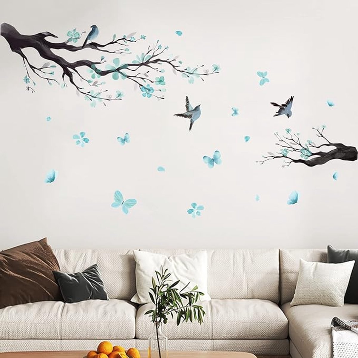 Muursticker fleurs bleues sticker mural branches oiseaux papillon