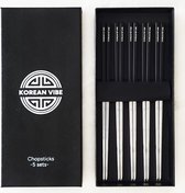 KoreanVibe Chopsticks Set - Eetstokjes - Vaatwasserbestendig - RVS - 5Paar - Zilver/Zwart