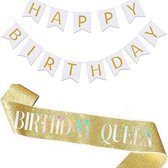 Sjerp en slinger set Birthday Queen en Happy Birthday goud en goud met wit - sjerp - slinger - verjaardag - birthday queen - happy birthday