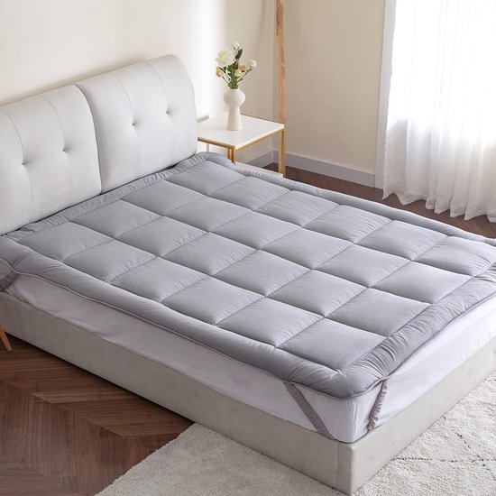 Matrassen, topper, onderbed, 140 x 200 cm, van katoen, grijs, wasbaar, voor comfort en het weghouden van vuil, matrasbeschermer voor matrassen en boxspringbedden