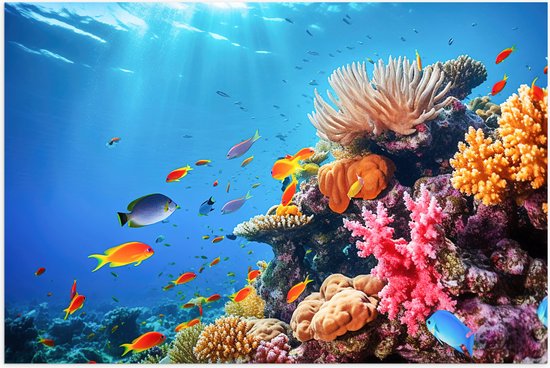 Poster Glanzend – Felkleurige Koraal Omringd door Tropische Vissen op Zeebodem - 90x60 cm Foto op Posterpapier met Glanzende Afwerking