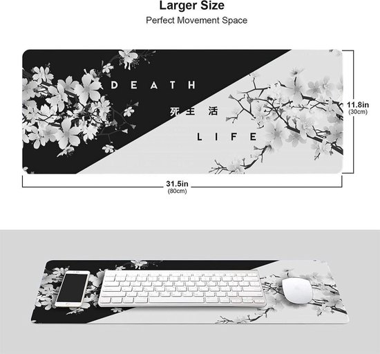 Tapis de souris de Gaming, noir et blanc, fleur de cerisier, XXL