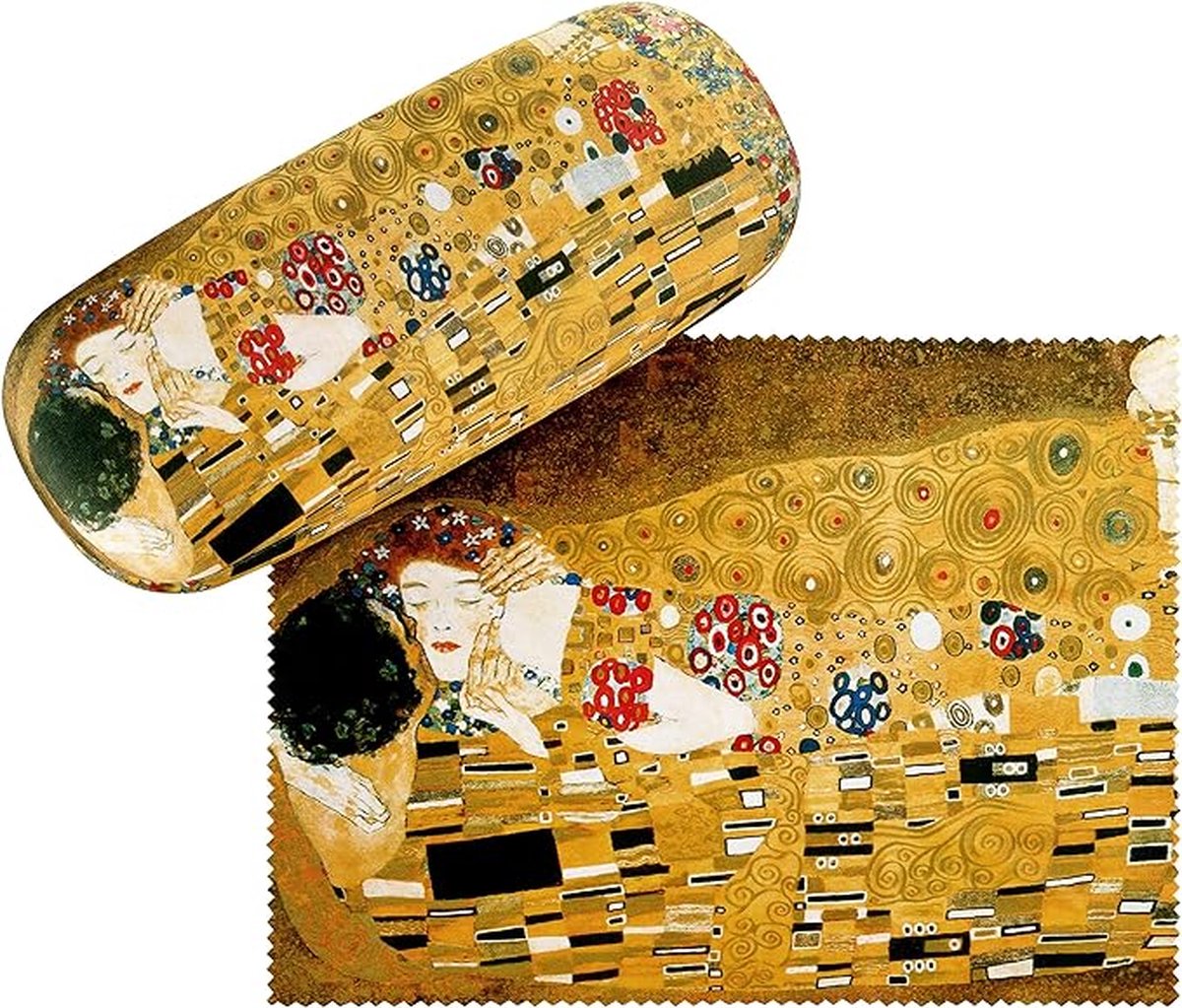 Brillenkoker Gustav Klimt De Kus Liefde Kunst Motief Etui Bril Microfiber Bril Reinigingsdoek Brillendoos Stabiele Hard Case Set met stof bekleed, Meerkleurig