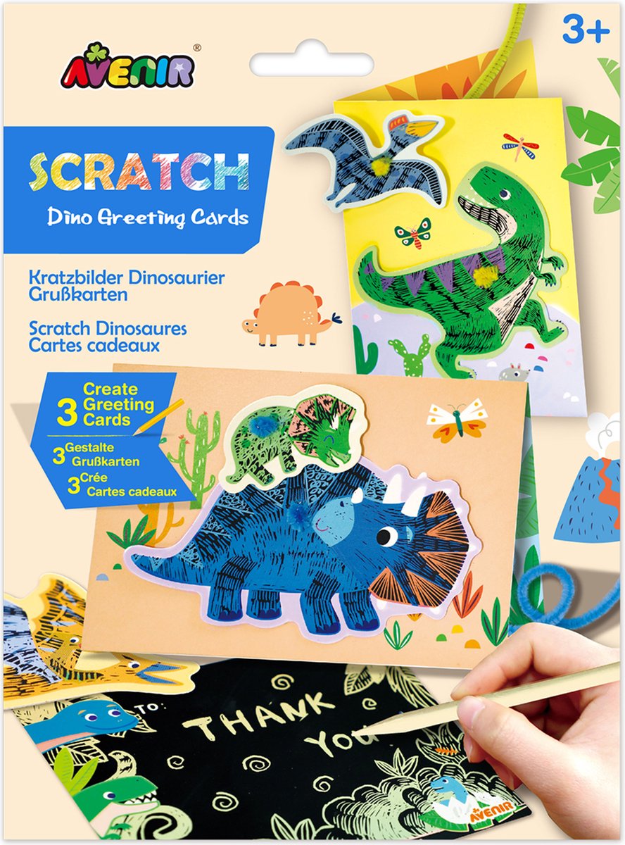AVENIR Scratch Art Wenskaarten - Dinos - Met Enveloppen - 3 Stuks - 3 Jaar