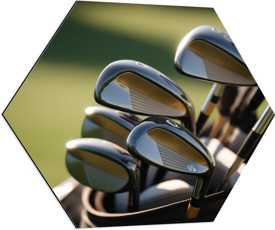 Dibond Hexagon - Golf Clubs in Trolley op Golfbaan - 80x69.6 cm Foto op Hexagon (Met Ophangsysteem)