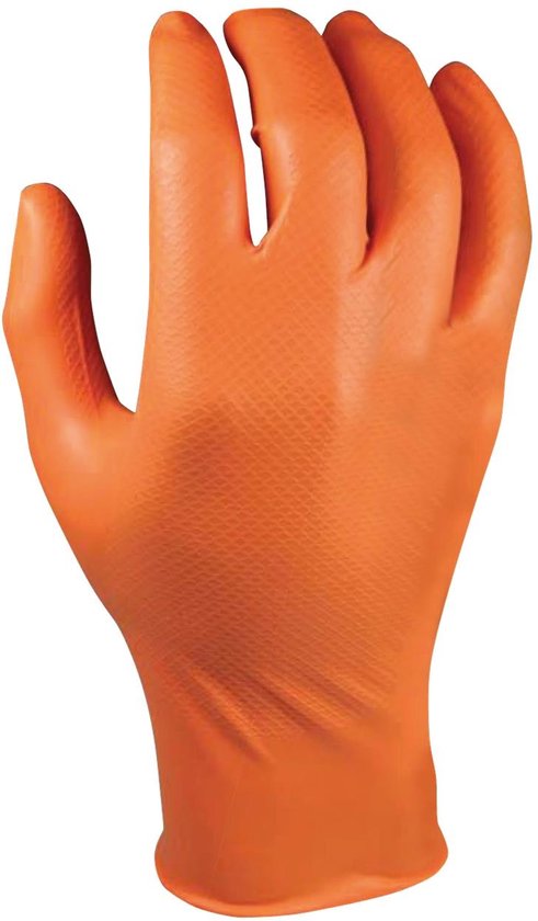 Foto: Grippaz 2 zijdige draagbare nitril wegwerp handschoenen type 246 extra sterk oranje vishuidstructuur maat m 8