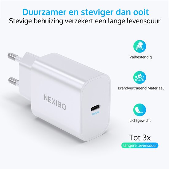 Adaptateur Nexibo USB-C 20W - Chargeur rapide - Chargeur - Convient pour iPhone, iPad, Samsung et plus