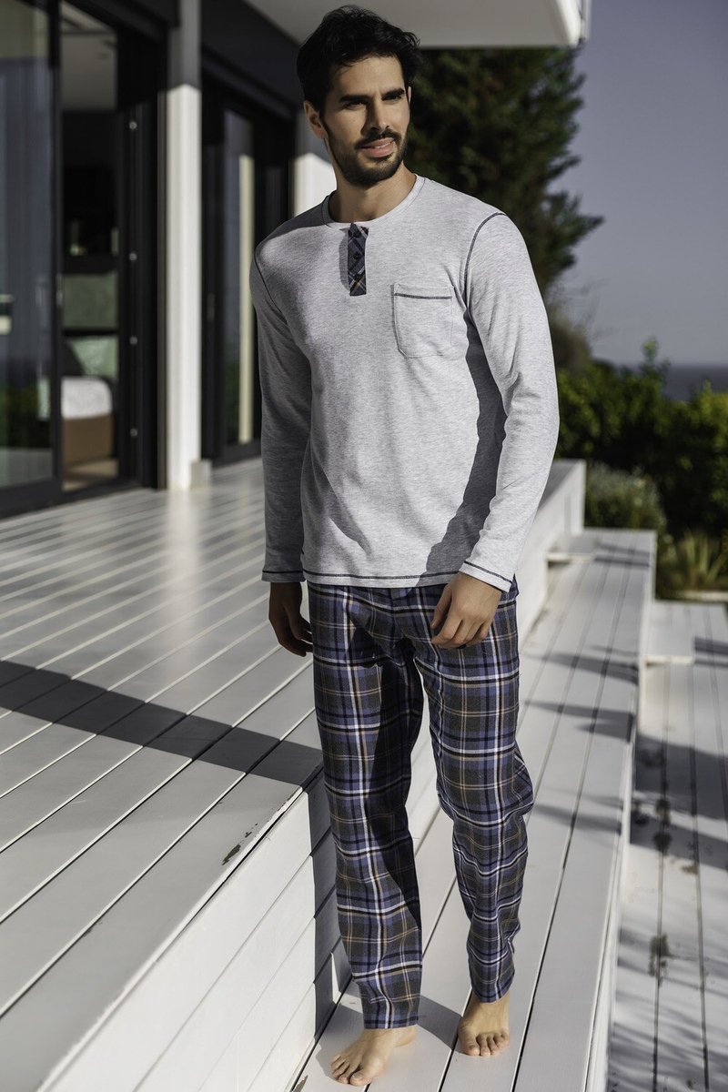 Barandi - Heren Pyjama -Grijs met geruite broek - Maat XXL