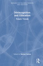 Blauwe boekomslag met abstracte witte lijnen, getiteld 'Metacognition and Education: Future Trends' door Shirley Larkin.