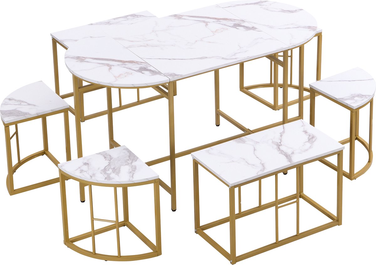 Merax Eetkamer Set - Eethoek Set met Tafel en Stoel - Eettafel met 6 Stoelen - Wit met Goud