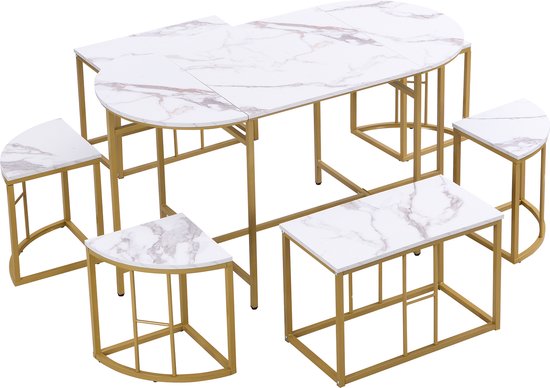 Merax Eetkamer Set - Eethoek Set met Tafel en Stoel - Eettafel met 6 Stoelen - Wit met Goud