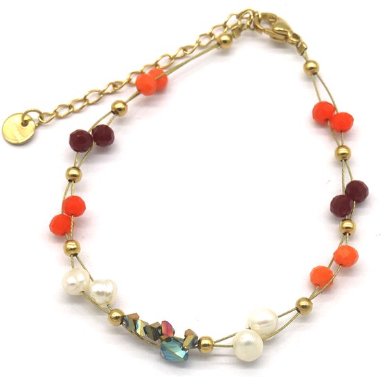 Bracelet Femme - Perles et Perles - Acier Inoxydable - Ajustable 16-21 cm - Oranje