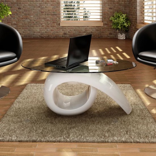 Table basse avec plateau ovale en verre blanc brillant | bol