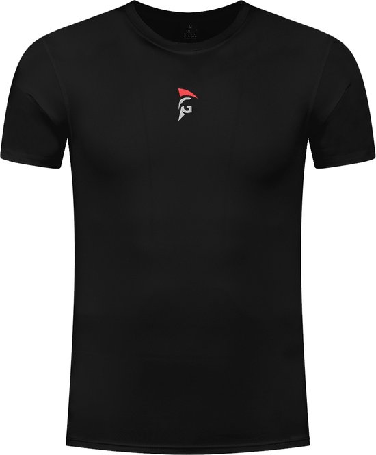 T-shirt de sport noir à manches courtes avec logo rouge/blanc sur la poitrine.