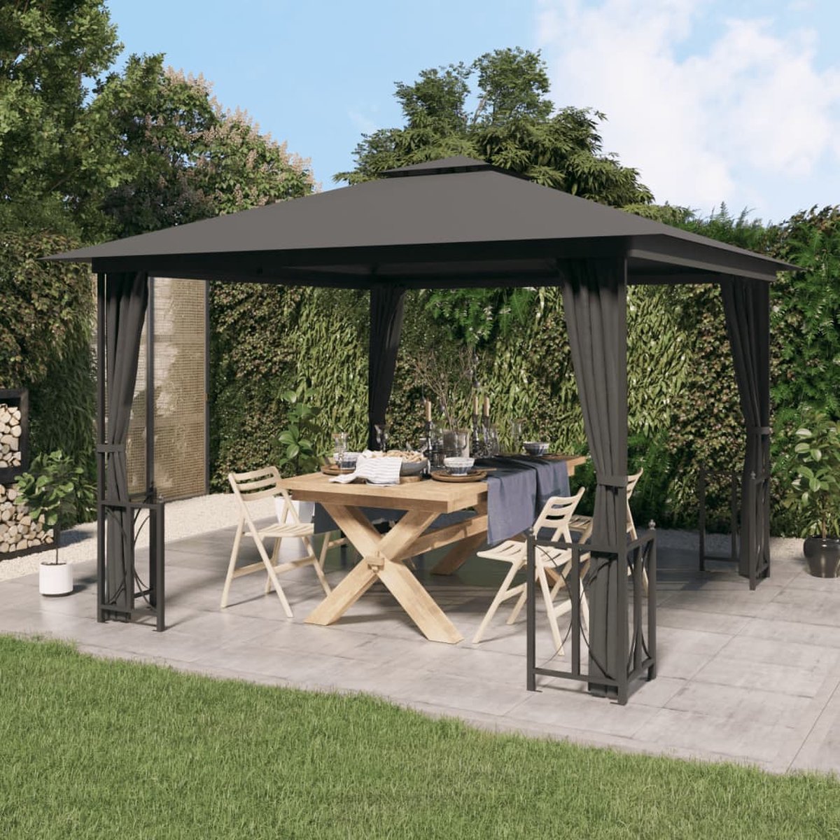 Stylish 3x3m charcoal-colored garden gazebo with side walls and double roof from The Living Store.