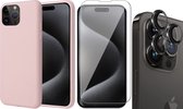 Hoesje geschikt voor iPhone 15 Pro - Screenprotector GlassGuard & Camera Lens Screen Protector Zwart - Back Cover Case SoftTouch Roze