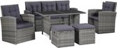 The Living Store Loungeset - Poly rattan - Grijs en donkergrijs - 3-zitsbank - fauteuils - tafel - hockers - Comfortabele kussens - Eenvoudig te monteren