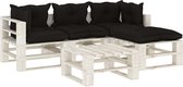 The Living Store Pallet Loungeset - Hoogwaardig grenenhout - Zwart en wit - Set van 2 hoekbanken - 1 middenbank - 2 tafels/hockers - 4 zitkussens - 5 rugkussens