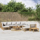 The Living Store Bamboe Lounge set - 5x middenbank 3x hoekbank 2x voetenbank 2x tafel - Lichtgrijs kussen - 100% polyester - 150x75x65 cm
