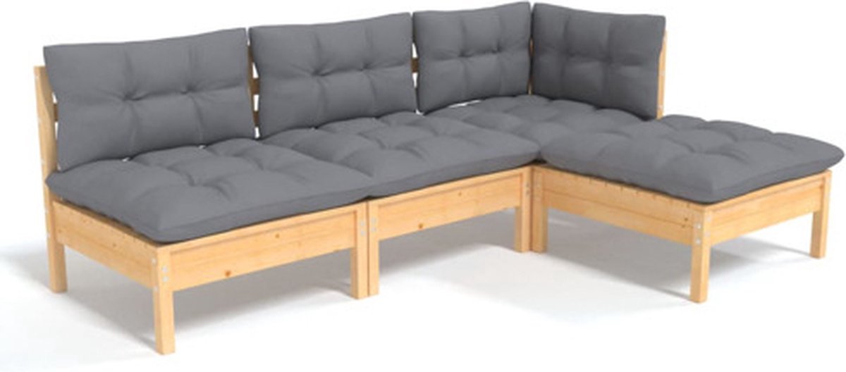 The Living Store 4-delige Loungeset met grijze kussens grenenhout - Loungeset - Tuinset - Hout Meubel - Grenenhout - Lounge Bank