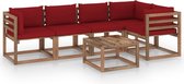 The Living Store Pallet Loungeset - Bruin geïmpregneerd hout - Modulair - 64x64x70 cm - Wijnrode kussens