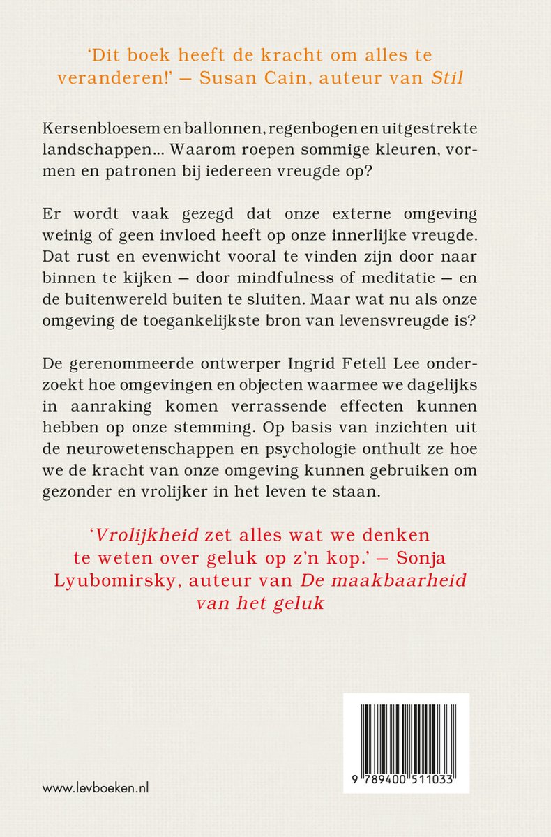 Achterkant van het boek Vrolijkheid, met tekst over de kracht van de omgeving en citaten. Inclusief barcode.