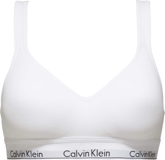 Witte Calvin Klein bralette met diepe V-hals en witte band met logo.