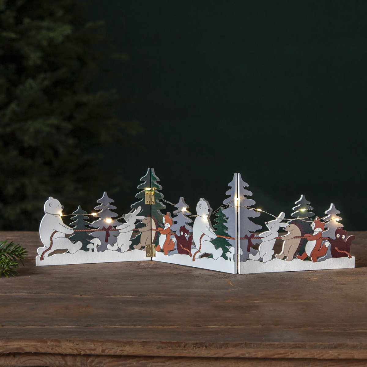 Star Forest Friends winter scène - hout / LED - LxBxH: 48 x 2 x 12,5 cm - op batterijen