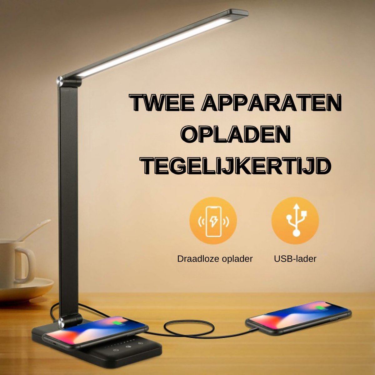 Bureaulamp Led met 10w draadloos opladen, USB-oplaadpoort, Bienser