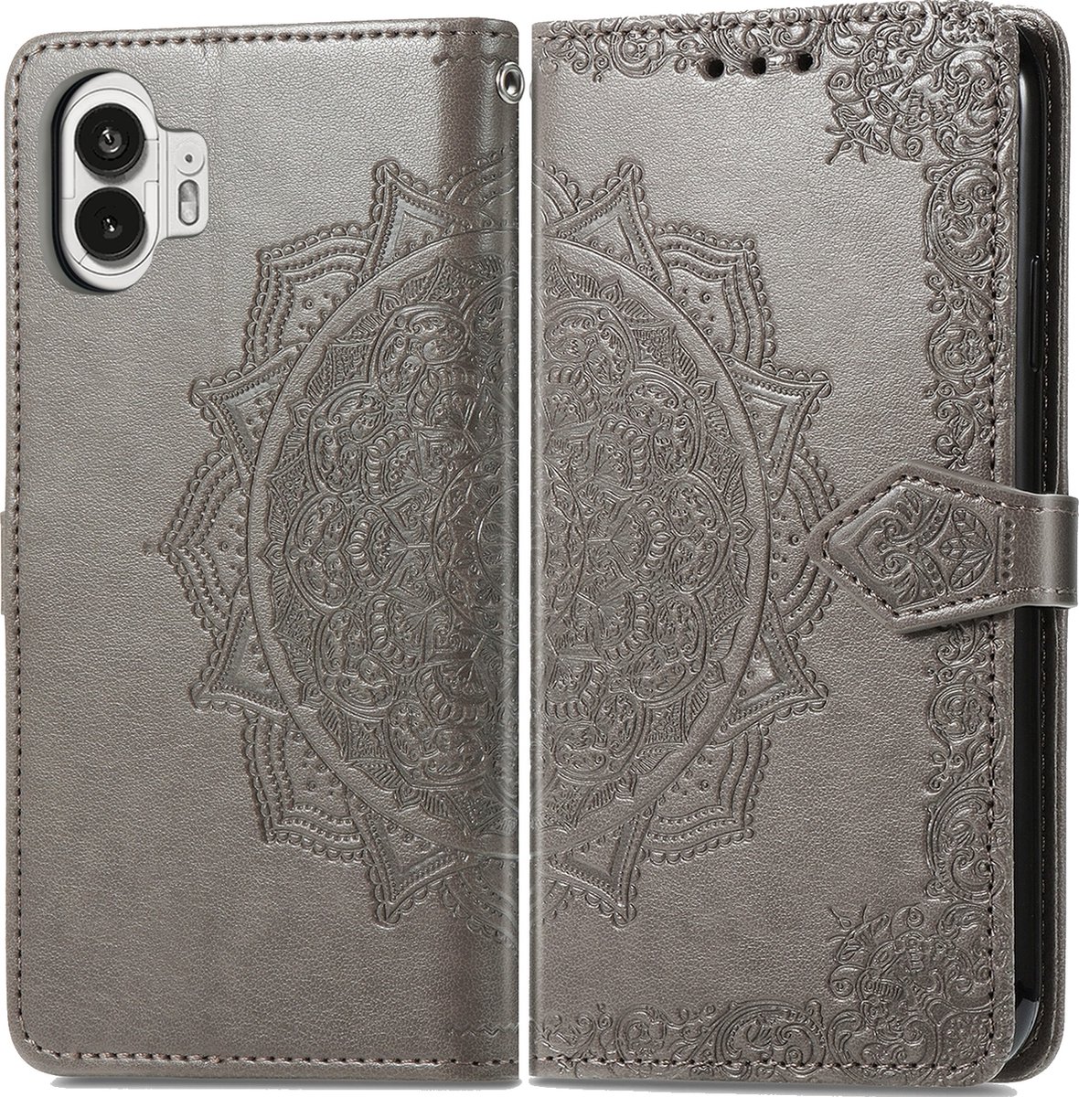 Mobigear Telefoonhoesje geschikt voor Nothing Phone (2) Hoesje | Mobigear Mandala Bookcase Portemonnee | Pasjeshouder voor 3 Pasjes | Telefoonhoesje voor Pinpas / OV Kaart / Rijbewijs - Grijs
