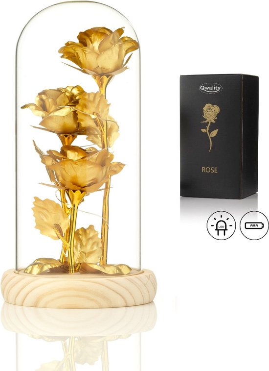 Rose de Luxe en Glas avec LED - Rose dorée sous cloche en Verres - Fête des mères - Connue de La Beauty et la Bête - Cadeau pour la mère d'un ami - Or 3x avec feuilles - Base lumineuse - Qwality