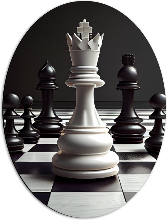 Dibond Ovaal - Zwarte Schaakstukken om Witte Koning op Schaakbord (Zwart-wit) - 42x56 cm Foto op Ovaal (Met Ophangsysteem)
